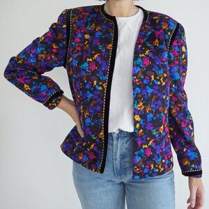 Vintage Don Elliott Black w Blue Purple Art Deco Design Open Face Blazer 10